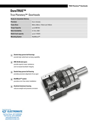 www.thomsonlinear.com 37
TRUE Planetary™ Gearheads
DuraTRUE™
Sealed deep groove ball bearings
provide high radial load carrying capability
HRC 55-60 steel gears
provide superior wear resistance
and increased backlash integrity
Sealed deep groove ball bearing
provides precision alignment of sun gear
RediMount™ system
provides error-free motor installation
Anodized aluminum housing
reduces weight and prevents corrosion
2
4
5
3
1
1
2
5
4
3
4
Ready for Immediate Delivery
Precision 8 arc-minutes
Frame Sizes 60mm, 90mm, 115mm and 142mm
Torque Capacity up to 834 Nm
Ratio Availability 3:1 thru 100:1
Radial load capacity up to 11150 N
Mounting System RediMount™
True Planetary™ Gearheads
ELECTROMATE
Toll Free Phone (877) SERVO98
Toll Free Fax (877) SERV099
www.electromate.com
sales@electromate.com
Sold & Serviced By:
 