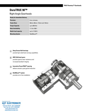 www.thomsonlinear.com 43
TRUE Planetary™ Gearheads
DuraTRUE 90™
Deep Groove Ball bearings
provide high radial load carrying capabilities
HRC 55-60 steel gears
provide superior wear resistance and
increased backlash integrity
Innovative PowerTRUE™ gearing
delivers smooth, quiet geared reduction
RediMount™ system
provides error-free installation
2
4
3
1
1
2
4
3
4
Ready for Immediate Delivery
Precision 8 arc-minutes
Frame Sizes 60mm, 90mm, 115mm and 142mm
Torque Capacity up to 865 Nm
Ratio Availability 1:1 thru 500:1
Radial load capacity up to 11150 N
Mounting System RediMount™
Right Angle Gearheads
ELECTROMATE
Toll Free Phone (877) SERVO98
Toll Free Fax (877) SERV099
www.electromate.com
sales@electromate.com
Sold & Serviced By:
 