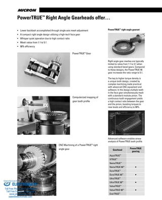 www.thomsonlinear.com8
PowerTRUE™
Right Angle Gearheads offer…
• Lower backlash accomplished through single axis mesh adjustment
• A compact right angle design utilizing a high-tech face gear
• Whisper quiet operation due to high contact ratio
• Mesh ratios from 1:1 to 5:1
• 98% efficiency
PowerTRUE™
Gear
Computerized mapping of
gear tooth profile
CNC Machining of a PowerTRUE™
right
angle gear
PowerTRUE™
right angle gearset
Right angle gear meshes are typically
limited to ratios from 1:1 to 3:1 when
using standard bevel gears. Compared
to these designs, the PowerTRUE 90
gear increases the ratio range to 5:1.
The key to higher torque density is
a unique tooth design, created by
complex machining made practical
with advanced CNC equipment and
software. In the design,multiple teeth
in the face gear simultaneously mesh
with a standard involute pinion. The
continuous tooth engagement yields
a high contact ratio between the gear
and the pinion, boosting torques to
new levels and efficiency to 98%.
Advanced software enables stress
analysis of PowerTRUE tooth profile
Gearhead
PowerTRUE
gearing
AquaTRUE™
XTRUE™
NemaTRUE™
NemaTRUE 90™
•
DuraTRUE™
DuraTRUE 90™
•
UltraTRUE™
UltraTRUE 90™
•
ValueTRUE™
ValueTRUE 90™
•
EverTRUE™
ELECTROMATE
Toll Free Phone (877) SERVO98
Toll Free Fax (877) SERV099
www.electromate.com
sales@electromate.com
Sold & Serviced By:
 