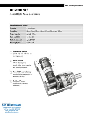 www.thomsonlinear.com 91
TRUE Planetary™ Gearheads
UltraTRUE 90™
Helical Right Angle Gearheads
Tapered roller bearings
provide high axial and radial load
carrying capacity
Helical crowned
HRC 55-60 steel gears
provide higher torque capacity
and smoother operation
PowerTRUE™ gear technology
provides high torque capacity in
a compact package
RediMount™ system
provides error-free motor
installation
2
4
3
1
1
2
4
3
4
Ready for Immediate Delivery
Precision 4 arc-minutes
Frame Sizes 60mm, 75mm, 90mm, 100mm, 115mm, 142mm and 180mm
Torque Capacity up to 3111 Nm
Ratio Availability 1:1 thru 50:1
Radial load capacity up to 37910 N
Mounting System RediMount™
ELECTROMATE
Toll Free Phone (877) SERVO98
Toll Free Fax (877) SERV099
www.electromate.com
sales@electromate.com
Sold & Serviced By:
 