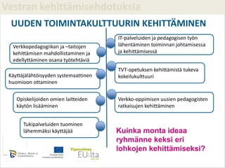 Tukipalveluiden
tuominen
lähemmäksi käyttäjää
Vestran kehittämisehdotuksia
Opiskelijoiden omien laitteiden
käytön lisääminen
Verkko-oppimisen uusien pedagogisten
ratkaisujen kehittäminen
TVT-opetuksen kehittämistä tukeva
kokeilukulttuuri
Verkkopedagogiikan ja –taitojen
kehittämisen mahdollistaminen ja
edellyttäminen osana työtehtäviä
Tukipalveluiden tuominen
lähemmäksi käyttäjää
Käyttäjälähtöisyyden systemaattinen
huomioon ottaminen
IT-palveluiden ja pedagogisen työn
lähentäminen toiminnan johtamisessa
ja kehittämisessä
UUDEN TOIMINTAKULTTUURIN KEHITTÄMINEN
Kuinka monta ideaa
ryhmänne keksi eri
lohkojen kehittämiseksi?
 