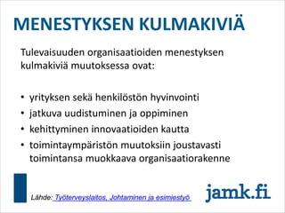 MENESTYKSEN KULMAKIVIÄ
Tulevaisuuden organisaatioiden menestyksen
kulmakiviä muutoksessa ovat:
• yrityksen sekä henkilöstön hyvinvointi
• jatkuva uudistuminen ja oppiminen
• kehittyminen innovaatioiden kautta
• toimintaympäristön muutoksiin joustavasti
toimintansa muokkaava organisaatiorakenne
Lähde: Työterveyslaitos, Johtaminen ja esimiestyö
 