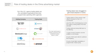 Advertising
Agencies Role of trading desks in the China advertising market
As in the U.S., agency trading desks are
the ce...