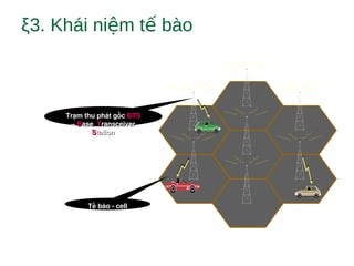 ξ3. Khái ni m t bàoệ ế
Trạm thu phát gốc Trạm thu phát gốc BTS BTS 
– – BBase  ase  TTransceiver ransceiver 
SStationtation
Tế bào ­ cellTế bào ­ cell
 