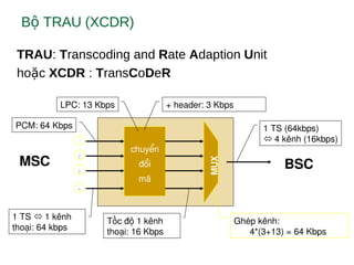 B TRAU (XCDR)ộ
TRAU: Transcoding and Rate Adaption Unit
ho cặ XCDR : TransCoDeR
chuyển
đổi
mã
MSC
PCM: 64 Kbps
LPC: 13 Kbps
BSC
   MUX
+ header: 3 Kbps 
Ghép kênh: 
4*(3+13) = 64 Kbps 
Tốc độ 1 kênh 
thoại: 16 Kbps 
1
2
3
4
1 TS  1 kênh
thoại: 64 kbps
1 TS (64kbps)
 4 kênh (16kbps)
 
