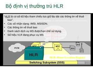 B đ nh v th ng trú HLRộ ị ị ườ
“HLR là c s d li u tham chi u l u gi lâu dài các thông tin v thuêơ ở ữ ệ ế ư ữ ề
bao”.
• Các s nh n d ng: IMSI, MSISDN.ố ậ ạ
• Các thông tin v thuê baoề
• Danh sách d ch v MS đ c/h n ch s d ng.ị ụ ượ ạ ế ử ụ
• S hi u VLR đang ph c v MSố ệ ụ ụ
HLR: Home Location Register
 