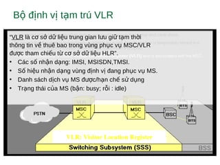 B đ nh v t m trú VLRộ ị ị ạ
“VLR là c s d li u trung gian l u gi t m th iơ ở ữ ệ ư ữ ạ ờ
thông tin v thuê bao trong vùng ph c v MSC/VLRề ụ ụ
đ c tham chi u t c s d li u HLR”.ượ ế ừ ơ ở ữ ệ
• Các s nh n d ng: IMSI, MSISDN,TMSI.ố ậ ạ
• S hi u nh n d ng vùng đ nh v đang ph c v MS.ố ệ ậ ạ ị ị ụ ụ
• Danh sách d ch v MS đ c/h n ch s d ngị ụ ượ ạ ế ử ụ
• Tr ng thái c a MS (b n: busy; r i : idle)ạ ủ ậ ỗ
VLR: Visitor Location Register
 
