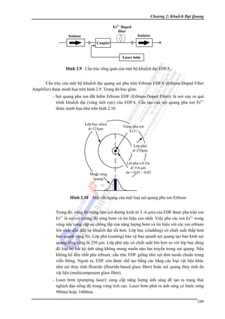 Chương 2: Khuếch Đại Quang
Er3+ Doped
fiber
Isolator

Isolator

Coupler
Laser bôm

Hình 2.9 Cấu trúc tổng quát của một bộ khuếch đại EDFA
Cấu trúc của một bộ khuếch đại quang sợi pha trộn Erbium EDFA (Erbium-Doped Fiber
Amplifier) được minh họa trên hình 2.9. Trong đó bao gồm:
- Sợi quang pha ion đất hiếm Erbium EDF (Erbium-Doped Fiber): là nơi xảy ra quá
trình khuếch đại (vùng tích cực) của EDFA. Cấu tạo của sợi quang pha ion Er3+
được minh họa như trên hình 2.10.

Hình 2.10 Mặt cắt ngang của một loại sợi quang pha ion Erbium
Trong đó, vùng lõi trung tâm (có đường kính từ 3 -6 μm) của EDF được pha trộn ion
Er3+ là nơi có cường độ sóng bơm và tín hiệu cao nhất. Việc pha các ion Er3+ trong
vùng này cung cấp sự chồng lắp của năng lượng bơm và tín hiệu với các ion erbium
lớn nhất dẫn đến sự khuếch đại tốt hơn. Lớp bọc (cladding) có chiết suất thấp hơn
bao quanh vùng lõi. Lớp phủ (coating) bảo vệ bao quanh sợi quang tạo bán kính sợi
quang tổng cộng là 250 μm. Lớp phủ này có chiết suất lớn hơn so với lớp bọc dùng
để loại bỏ bất kỳ ánh sáng không mong muốn nào lan truyền trong sợi quang. Nếu
không kể đến chất pha erbium, cấu trúc EDF giống như sợi đơn mode chuẩn trong
viễn thông. Ngoài ra, EDF còn được chế tạo bằng các bằng các loại vật liệu khác
như sợi thủy tinh flouride (flouride-based glass fiber) hoặc sợi quang thủy tinh đa
vật liệu (multicomponent glass fiber).
- Laser bơm (pumping laser): cung cấp năng lượng ánh sáng để tạo ra trạng thái
nghịch đạo nồng độ trong vùng tích cực. Laser bơm phát ra ánh sáng có bước sóng
980nm hoặc 1480nm.
109

 