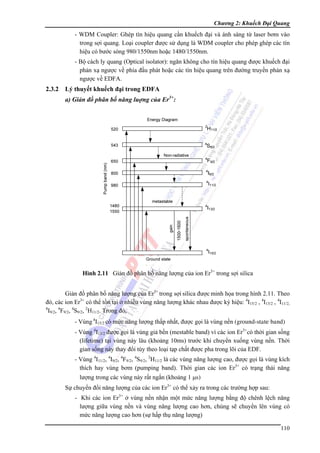 Chương 2: Khuếch Đại Quang

- WDM Coupler: Ghép tín hiệu quang cần khuếch đại và ánh sáng từ laser bơm vào
trong sợi quang. Loại coupler được sử dụng là WDM coupler cho phép ghép các tín
hiệu có bước sóng 980/1550nm hoặc 1480/1550nm.
- Bộ cách ly quang (Optical isolator): ngăn không cho tín hiệu quang được khuếch đại
phản xạ ngược về phía đầu phát hoặc các tín hiệu quang trên đường truyền phản xạ
ngược về EDFA.

2.3.2 Lý thuyết khuếch đại trong EDFA
a) Giản đồ phân bố năng luợng của Er3+:

Hình 2.11 Giản đồ phân bố năng lượng của ion Er3+ trong sợi silica
Giản đồ phân bố năng lượng của Er3+ trong sợi silica được minh họa trong hình 2.11. Theo
đó, các ion Er3+ có thể tồn tại ở nhiều vùng năng lượng khác nhau được ký hiệu: 4I15/2 , 4I13/2 , 4I11/2,
4
I9/2, 4F9/2, 4S9/2, 2H11/2. Trong đó,
- Vùng 4I15/2 có mức năng lượng thấp nhất, được gọi là vùng nền (ground-state band)
- Vùng 4I13/2 được gọi là vùng giả bền (mestable band) vì các ion Er3+có thời gian sống
(lifetime) tại vùng này lâu (khoảng 10ms) trước khi chuyển xuống vùng nền. Thời
gian sống này thay đổi tùy theo loại tạp chất được pha trong lõi của EDF.
- Vùng 4I11/2, 4I9/2, 4F9/2, 4S9/2, 2H11/2 là các vùng năng lượng cao, được gọi là vùng kích
thích hay vùng bơm (pumping band). Thời gian các ion Er3+ có trạng thái năng
lượng trong các vùng này rất ngắn (khoảng 1 μs)
Sự chuyển đổi năng lượng của các ion Er3+ có thể xảy ra trong các trường hợp sau:
- Khi các ion Er3+ ở vùng nền nhận một mức năng lượng bằng độ chênh lệch năng
lượng giữa vùng nền và vùng năng lượng cao hơn, chúng sẽ chuyển lên vùng có
mức năng lượng cao hơn (sự hấp thụ năng lượng)
110

 