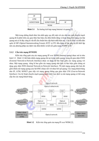 Chương 3: Truyền Tải IP/WDM

Hình 3.1

Xu hướng tích hợp mạng Internet và quang [2]

Một trong những thách thức lớn nhất ngày nay đối mặt với các nhà sản xuất chuyển mạch
quang đó là phát triển các giao thức báo hiệu cho điều khiển động và hoạt động liên mạng của lớp
quang mà có lẽ đây cũng là vấn đề cần chuẩn hóa cấp bách nhất hiện nay. Các tổ chức và diễn đàn
quốc tế OIF (Optical Internetworking Forum), IETF và ITU đều đang nỗ lực gấp rút để thiết lập
nên các phương pháp xác định việc điều khiển và kết nối giữa mạng WDM và IP.

3.1.2

Cấu trúc mạng IP/WDM

Kiến trúc tổng quát của các mạng quang IP over WDM (Internet quang) được mô tả như
hình 3.2. Hình 3.2 thể hiện nhiều mạng quang tồn tại trong miền quang, trong đó giao diện ENNI
(External Network-to-Network Interface) được sử dụng để báo hiệu giữa các mạng quang với
nhau. Một mạng quang riêng lẻ bao gồm các mạng quang nhỏ hơn và báo hiệu giữa chúng sử
dụng giao diện INNI (Internal Network-to-Network Interface). Và một mạng quang nhỏ hơn đó
gồm nhiều nút mạng quang (các bộ OXC) được nối với nhau bởi sợi quang. Các mạng khách hàng
như IP, ATM, SONET giao tiếp với mạng quang thông qua giao diện UNI (User-to-Network
Interface). Các kỹ thuật chuyển mạch quang quyết định loại dịch vụ mà mạng quang có thể cung
cấp cho các mạng khách hàng
Optical network
Optical subnetwork
IP network

UNI

OXC

OXC

INNI
IP network

UNI

INNI

Optical
subnetwork

Hình 3.2

UNI

IP network

INNI
Optical
subnetwork

INNI

ENNI
Other client
UNI
networks (e.g.
ATM)

OXC

UNI

IP network

ENNI

Optical network

UNI

Other client
networks

Kiến trúc tổng quát của mạng IP over WDM [3].

130

 