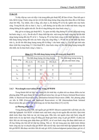 Chương 3: Truyền Tải IP/WDM

Ví dụ 3.8:

Ta hãy tiếp tục xem xét tiếp ví dụ trong phần giải thuật M∑ để làm rõ hơn. Theo kết quả ở
trên, bất kì trong 3 bước sóng còn lại với tổn thất dung lương tổng cộng như nhau đều có thể được
chọn bởi M∑. Tuy nhiên, chú ý rằng, nếu chọn λ0 thì đường P4 sẽ bị tắc nghẽn trên mọi bước
sóng. Trong khi đó, nếu ta chọn λ1 hay λ3, mỗi đường còn lại đều còn ít nhất một bước sóng mà
chúng không bị tắc nghẽn trên đó. Do đó rõ ràng không nên chọn bước sóng λ2.
Bây giờ ta sử dụng giải thuật RCL. Ta quan sát thấy rằng đường P2 có thể chọn một trong
hai bước sóng λ2 và λ3. Do đó nếu P1 được thiết lập trên một trong hai bước sóng này thì tổn thất
dung lượng tương đối cho P2 sẽ là ½. Tương tự, P3 có hai bước sóng có thể thiết lập được, và tổn
thất dung lượng tương đối trên các bước sóng này cũng bằng ½. P4 thì chỉ có thể thiết lập được
trên λ0, do đó tổn thất dung lượng tương đối là bằng 1 cho bước sóng λ0. Các kết quả tính toán
được trình bày trong bảng 3.5. Giải thuật RCL chọn bước sóng với tổn thất dung lượng tương đối
nhỏ nhất, tức là chọn bước sóng λ1 hoặc λ3.
Bảng 3.5: Tổn thất dung lượng tương đối trong giải thuật RCL

Bước sóng

Tổn thất dung lượng cho từng đường

Tổn thất dung lượng tương
đối cho mỗi bước sóng

P3: (3,6)

P4: (0,3)

λ3

0.5

0

0

0.5

λ2

0.5

0.5

0

1

λ1

0

0.5

0

0.5

λ0

3.4.3

P2: (1,5)

0

0

1

1

Wavelength reservation (WR) trong IP/WDM

Trong khuôn khổ tài liệu này chúng tôi chỉ trình bày và phân tích ưu nhược điểm của hai
phương pháp WR quen thuộc là Forward Reservation hay còn gọi là Source-Initiated Reservation
(SIR) và Backward Reservation hay Destination-Initiated Reservation (DIR). Hai phương pháp
cải tiến là FBR (Forward and Backward Reservation) và IIR (Intermediate-Node Initiated
Reservation) độc giả có thể tìm hiểu trong các tài liệu tham khảo [13] và [14].

a) Phương pháp SIR:
Trong phương pháp SIR, nút nguồn gởi gói RESV (Reserve packet) khi xuất hiện yêu cầu
thiết lập lightpath. Gói RESV sẽ dành trước một bước sóng từ nút nguồn đến nút đích. Quá trình
dành trước được thực hiện tại các nút trung gian. Đầu tiên, nút nguồn chọn một bước sóng để
dành trước từ các tập bước sóng rỗi bằng giải thuật gán bước sóng và gởi gói RESV về phía nút
đích. Khi các nút trung gian nhận được gói RESV, nó sẽ xem bước sóng cần được dành trước có
rỗi hay không cho liên kết kế tiếp hay không. Nếu có thì nút trung gian này dành trước (khóa)
bước sóng này lại và chuyển tiếp gói RESV đến nút kế tiếp. Quá trình thiết lập lightpath hoàn tất
khi gói RESV đến được nút đích. Khi đó một gói ACK (Acknowledgment packet) được gởi trả về
156

 