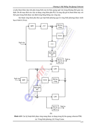 Chương 4: Hệ Thống Tin Quang Coherent

có pha tham khảo dựa trên pha trung bình của tín hiệu quang ngõ vào trong khoảng thời gian xác
định. Do đó mục đích của việc sử dụng vòng khóa pha PLL là cung cấp giá trị tham khảo này với
thời gian trung bình được xác định trong băng thông của vòng này.
Kỹ thuật vòng khoá pha theo qui luật bình phương (gọi là vòng bình phương) được minh
họa ở hình 4.10-(a).
(*)2

BPF

Bộ lọc
vòng

⊗

VCO

Ngõ vào

f /2

Dịch pha
900
Bộ lọc
ngõ ra

⊗

Ngõ ra

(a)

⊗

Ngõ vào

BPF

LPF

Bộ lọc
vòng

VCO

⊗

Dịch pha
900

⊗

LPF

Bộ lọc
ngõ ra

Ngõ ra

(b)
Hình 4.10 Các kỹ thuật khôi phục sóng mang được sử dụng trong bộ thu quang coherent PSK:

(a) Vòng bình phương; (b) Vòng Costas
177

 