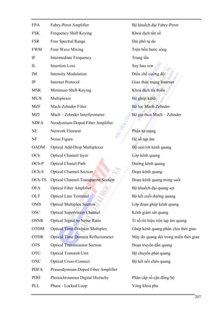FPA

Fabry-Perot Amplifier

Bộ khuếch đại Fabry-Perot

FSK

Frequency Shift Keying

Khoá dịch tần số

FSR

Free Spectral Range

Dải phổ tự do

FWM

Four Wave Mixing

Trộn bốn bước sóng

IF

Intermediate Frequency

Trung tần

IL

Insertion Loss

Suy hao xen

IM

Intensity Modulation

Điều chế cường độ

IP

Internet Protocol

Giao thức mạng Internet

MSK

Minimum Shift-Keying

Khoá dịch tối thiểu

MUX

Multiplexer

Bộ ghép kênh

MZF

Mach-Zehnder Filter

Bộ lọc Mach-Zehnder

MZI

Mach – Zehnder Interferometer

Bộ gia thoa Mach – Zehnder

NDFA

Neodymium-Doped Fiber Amplifier

NE

Network Element

Phần tử mạng

NF

Noise Figure

Hệ số tạp âm

OADM

Optical Add-Drop Multiplexer

Bộ xen/rớt kênh quang

OCh

Optical Channel layer

Lớp kênh quang

OCh-P

Optical Chanel-Path

Ðường kênh quang

OCh-S

Optical Channel-Section

Ðoạn kênh quang

OCh-TS Optical Channel-Transparent Section

Ðoạn kênh quang trong suốt

OFA

Optical Fiber Amplifier

Bộ khuếch đại quang sợi

OLT

Optical Line Terminal

Bộ kết cuối đường quang

OMS

Optical Multiplex Section

Lớp đoạn ghép kênh quang

OSC

Optical Supervision Channel

Kênh giám sát quang

OSNR

Optical Signal to Noise Ratio

Tỉ số tín hiệu trên tạp âm quang

OTDM

Optical Time Division Multiplex

Ghép kênh quang phân chia thời gian

OTDR

Optical Time Domain Reflectometer

Máy đo quang dội trong miền thời gian

OTS

Optical Transmission Section

Ðoạn truyền dẫn quang

OTU

Optical Transmit Unit

Bộ chuyển phát quang

OXC

Optical Cross-Connect

Bộ kết nối chéo quang

PDFA

Praseodymium-Doped Fiber Amplifier

PDH

Plesiochrounous Digital Hierachy

Phân cấp số cận đồng bộ

PLL

Phase - Locked Loop

Vòng khoá pha
207

 