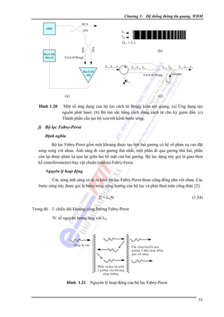 Chương 1: Hệ thống thông tin quang WDM
90 %
DBR

10%

λ1
λ2
50%

Maïch ÑK
ñieän töû

50%

(λ 2 < λ1 )

(b)

Caùch töû Bragg

λ1 , λ 2 , λ 3

λ1 , λ 2 , λ 3

Maïch hoài
tieáp

λ1 , λ 3

(a)

Hình 1.20

Coupler

Caùch töû Bragg

λ2

λ1 , λ 2 , λ 3

λ2

(c)

Một số ứng dụng của bộ lọc cách tử Bragg kiểu sợi quang. (a) Ứng dụng tạo
nguồn phát laser. (b) Bù tán sắc bằng cách dùng cách tử chu kỳ giảm dần. (c)
Thành phần cấu tạo bộ xen/rớt kênh bước sóng.

f) Bộ lọc Fabry-Perot
Định nghĩa

Bộ lọc Fabry-Perot gồm một khoang được tạo bởi hai gương có hệ số phản xạ cao đặt
song song với nhau. Ánh sáng đi vào gương thứ nhất, một phần đi qua gương thứ hai, phần
còn lại được phản xạ qua lại giữa hai bề mặt của hai gương. Bộ lọc dạng này gọi là giao thoa
kế (interferometer) hay vật chuẩn (etalon) Fabry-Ferot.
Nguyên lý hoạt động

Các sóng ánh sáng có đi ra khỏi bộ lọc Fabry-Perot được cộng đồng pha với nhau. Các
bước sóng này được gọi là bước sóng cộng hưởng của bộ lọc và phải thoả mãn công thức [2]:
2l = λNN

(1.54)

Trong đó l: chiều dài khoang cộng hưởng Fabry-Perot
N: số nguyên tương ứng với λN

Soùn g ñi vaøo

Caùc soùn g truyeàn qua
göông 2 ñeàu coän g ñoàn g
pha vôùi nhau

Phaûn xaï qua laïi giöõa
2 göông cuûa khoang
coän g höôûn g

Hình 1.21 Nguyên lý hoạt động của bộ lọc Fabry-Perot.

31

 