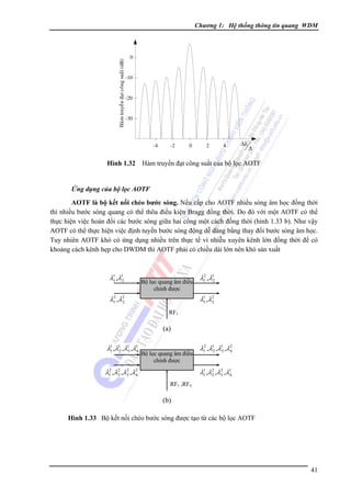 Haøm truyeàn ñaït coâng suaát (dB)

Chương 1: Hệ thống thông tin quang WDM

0

-10

-20

-30

-4

-2

0

2

4

Δλ

Δ

Hình 1.32 Hàm truyền đạt công suất của bộ lọc AOTF

Ứng dụng của bộ lọc AOTF
AOTF là bộ kết nối chéo bước sóng. Nếu cấp cho AOTF nhiều sóng âm học đồng thời
thì nhiều bước sóng quang có thể thõa điều kiện Bragg đồng thời. Do đó với một AOTF có thể
thực hiện việc hoán đổi các bước sóng giữa hai cổng một cách đồng thời (hình 1.33 b). Như vậy
AOTF có thể thực hiện việc định tuyến bước sóng động dễ dàng bằng thay đổi bước sóng âm học.
Tuy nhiên AOTF khó có ứng dụng nhiều trên thực tế vì nhiễu xuyên kênh lớn đồng thời để có
khoảng cách kênh hẹp cho DWDM thì AOTF phải có chiều dài lớn nên khó sản xuất

λ1 ,λ1
1
2

Bộ lọc quang âm điều
chỉnh được

2
λ1 ,λ2
2

2
λ1 ,λ1
2

λ1 ,λ2
1
2
RF1

(a)

λ1 ,λ1 ,λ1 ,λ1
1
2
3
4

Bộ lọc quang âm điều
chỉnh được

2
2
λ1 ,λ2 ,λ3 ,λ2
2
4

2
λ1 ,λ1 ,λ1 ,λ2
2
3
4

2
λ1 ,λ2 ,λ3 ,λ1
1
2
4

RF1 ,RF4

(b)
Hình 1.33 Bộ kết nối chéo bước sóng được tạo từ các bộ lọc AOTF

41

 