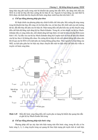Chương 1: Hệ thống thông tin quang WDM

dụng hiệu ứng phi tuyến trong một bộ khuếch đại quang bán dẫn SOA, tận dụng tính chất của
SOA là có độ lợi thay đổi theo cường độ tín hiệu đi vào. Nguyên lý hoạt động của một thiết bị
SOA được cấu hình làm bộ chuyển đổi bước sóng được minh hoạ như trên hình 1.44.

c) Chế tạo bằng phương pháp giao thoa
Kĩ thuật chính của phương pháp này chính là điều chế chéo pha. Khi cường độ sóng mang
trong bộ khuếch đại thay đổi cùng với tín hiệu đầu vào, nó làm thay đổi chiết suất của môi trường
độ lợi, dẫn đến thay đổi pha của tín hiệu dò. Hiện tượng điều chế pha kiểu này có thể chuyển sang
điều chế biên độ bằng cách dùng bộ lọc Mach-Zehnder. Trong đó, cả hai nhánh của bộ lọc MachZehnder đều có cùng chiều dài, mỗi nhánh dùng kết hợp thêm với một bộ khuyếch đại SOA (xem
hình 1.45). Tại đầu vào của bộ lọc Mach-Zehnder dùng bộ Coupler tách tín hiệu đi theo hai nhánh
của bộ lọc theo tỉ lệ không đều nhau. Do cường độ tín hiệu đi trên mỗi nhánh không đều nhau nên
khi đi qua các bộ SOA sẽ bị dịch pha các lượng không giống nhau. Theo nguyên lý hoạt động của
MZI, sự lệch pha giữa hai tín hiệu này được chuyển đến một tín hiệu điều chế biên độ ở đầu ra
truyền với bước sóng khác.

SOA
γ
λp

1/γ

B

λs
A

γ

(CW)

1/γ

SOA

λp

Power (λs)

Công suất (λp)

Pha

Mật độ hạt mang

Mật độ hạt
mang

Sự thay đổi pha

λs signal

Power (λs)

Công suất(λs)

λp signal
Thời gian

Hình 1.45

Biến đổi bước sóng bằng điều chế xuyên pha sử dụng bộ khếch đại quang bán dẫn
có gắn bộ lọc Mach-Zender bên trong

d) Chế tạo bằng phương pháp trộn bước sóng
Phương pháp chế tạo này dựa trên hiện tượng trộn bốn bước sóng, trong đó nếu có ba
bước sóng f1, f2, f3 cùng truyền trong sợi quang thì theo hiện tượng phi tuyến tính sẽ xuất hiện
56

 