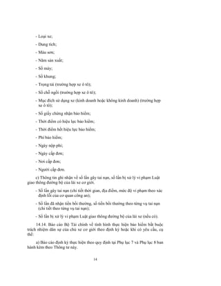 - Loại xe;
- Dung tích;
- Màu sơn;
- Năm sản xuất;
- Số máy;
- Số khung;
- Trọng tải (trường hợp xe ô tô);
- Số chỗ ngồi (trường hợp xe ô tô);
- Mục đích sử dụng xe (kinh doanh hoặc không kinh doanh) (trường hợp
xe ô tô);
- Số giấy chứng nhận bảo hiểm;
- Thời điểm có hiệu lực bảo hiểm;
- Thời điểm hết hiệu lực bảo hiểm;
- Phí bảo hiểm;
- Ngày nộp phí;
- Ngày cấp đơn;
- Nơi cấp đơn;
- Người cấp đơn.
c) Thông tin ghi nhận về số lần gây tai nạn, số lần bị xử lý vi phạm Luật
giao thông đường bộ của lái xe cơ giới.
- Số lần gây tai nạn (chi tiết thời gian, địa điểm, mức độ vi phạm theo xác
định lỗi của cơ quan công an);
- Số lần đã nhận tiền bồi thường, số tiền bồi thường theo từng vụ tai nạn
(chi tiết theo từng vụ tai nạn);
- Số lần bị xử lý vi phạm Luật giao thông đường bộ của lái xe (nếu có).
14.14. Báo cáo Bộ Tài chính về tình hình thực hiện bảo hiểm bắt buộc
trách nhiệm dân sự của chủ xe cơ giới theo định kỳ hoặc khi có yêu cầu, cụ
thể:
a) Báo cáo định kỳ thực hiện theo quy định tại Phụ lục 7 và Phụ lục 8 ban
hành kèm theo Thông tư này.
14

 