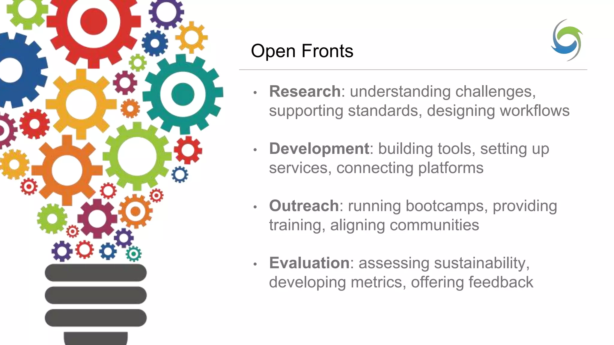 Open Fronts
• Research: understanding challenges,
supporting standards, designing workflows
• Development: building tools, setting up
services, connecting platforms
• Outreach: running bootcamps, providing
training, aligning communities
• Evaluation: assessing sustainability,
developing metrics, offering feedback
 