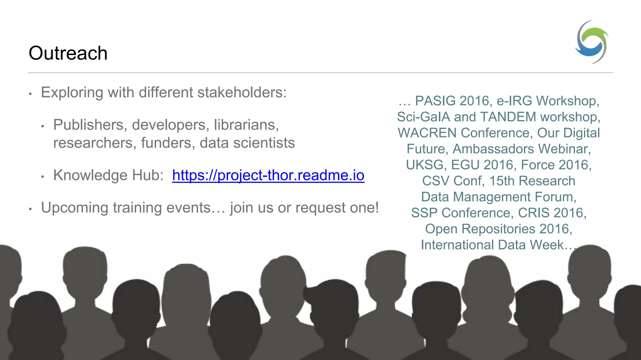 Outreach
• Exploring with different stakeholders:
• Publishers, developers, librarians,
researchers, funders, data scientists
• Knowledge Hub: https://project-thor.readme.io
• Upcoming training events… join us or request one!
… PASIG 2016, e-IRG Workshop,
Sci-GaIA and TANDEM workshop,
WACREN Conference, Our Digital
Future, Ambassadors Webinar,
UKSG, EGU 2016, Force 2016,
CSV Conf, 15th Research
Data Management Forum,
SSP Conference, CRIS 2016,
Open Repositories 2016,
International Data Week…
 