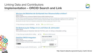 Linking Data and Contributors
Implementation – ORCID Search and Link
http://search.datacite.org/works?query=martin+fenner
 