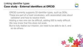 ORCID currently supports 33 identifier types, such as DOIs.
These are part of a fixed vocabulary, with associated rules about
validation and how to resolve them.
Adding a new one can be difficult, adding 500 is really difficult.
We now know that this does not scale.
But to fully realise our mission, we need to be able to do it, and
so do others.
Linking identifier types
Case study - External identifiers at ORCID
 