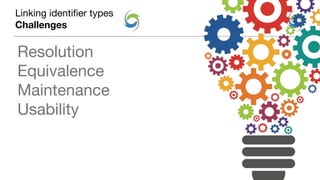 Linking identifier types
Challenges
Resolution
Equivalence
Maintenance
Usability
 