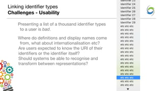 Linking identifier types
Challenges - Usability
Presenting a list of a thousand identifier types
to a user is bad.
Where do definitions and display names come
from, what about internationalisation etc?
Are users expected to know the URI of their
identifiers or the identifier itself?
Should systems be able to recognise and
transform between representations?
 