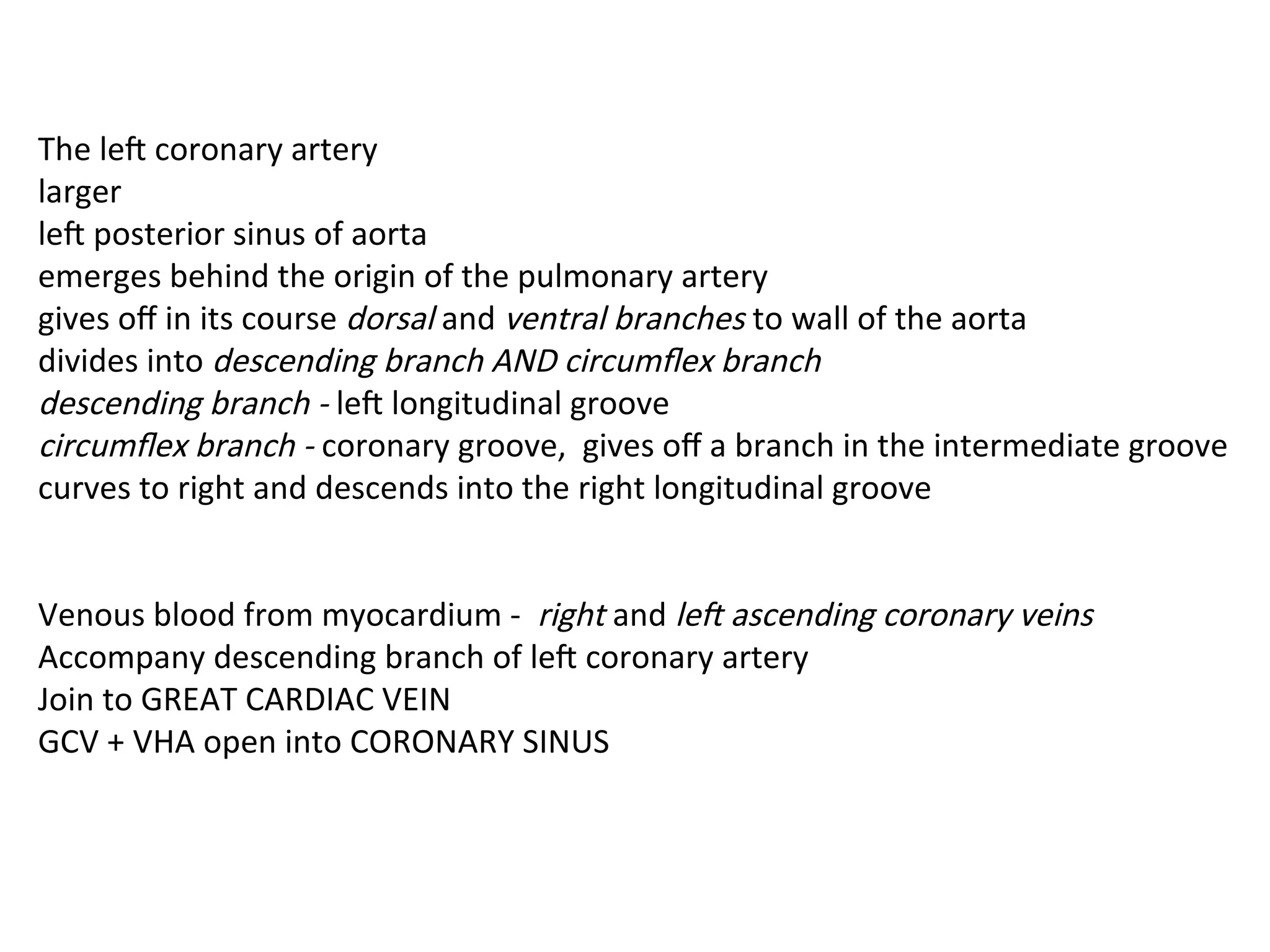 The left coronary artery
larger
left posterior sinus of aorta
emerges behind the origin of the pulmonary artery
gives off in its course dorsal and ventral branches to wall of the aorta
divides into descending branch AND circumflex branch
descending branch - left longitudinal groove
circumflex branch - coronary groove, gives off a branch in the intermediate groove
curves to right and descends into the right longitudinal groove
Venous blood from myocardium - right and left ascending coronary veins
Accompany descending branch of left coronary artery
Join to GREAT CARDIAC VEIN
GCV + VHA open into CORONARY SINUS
 