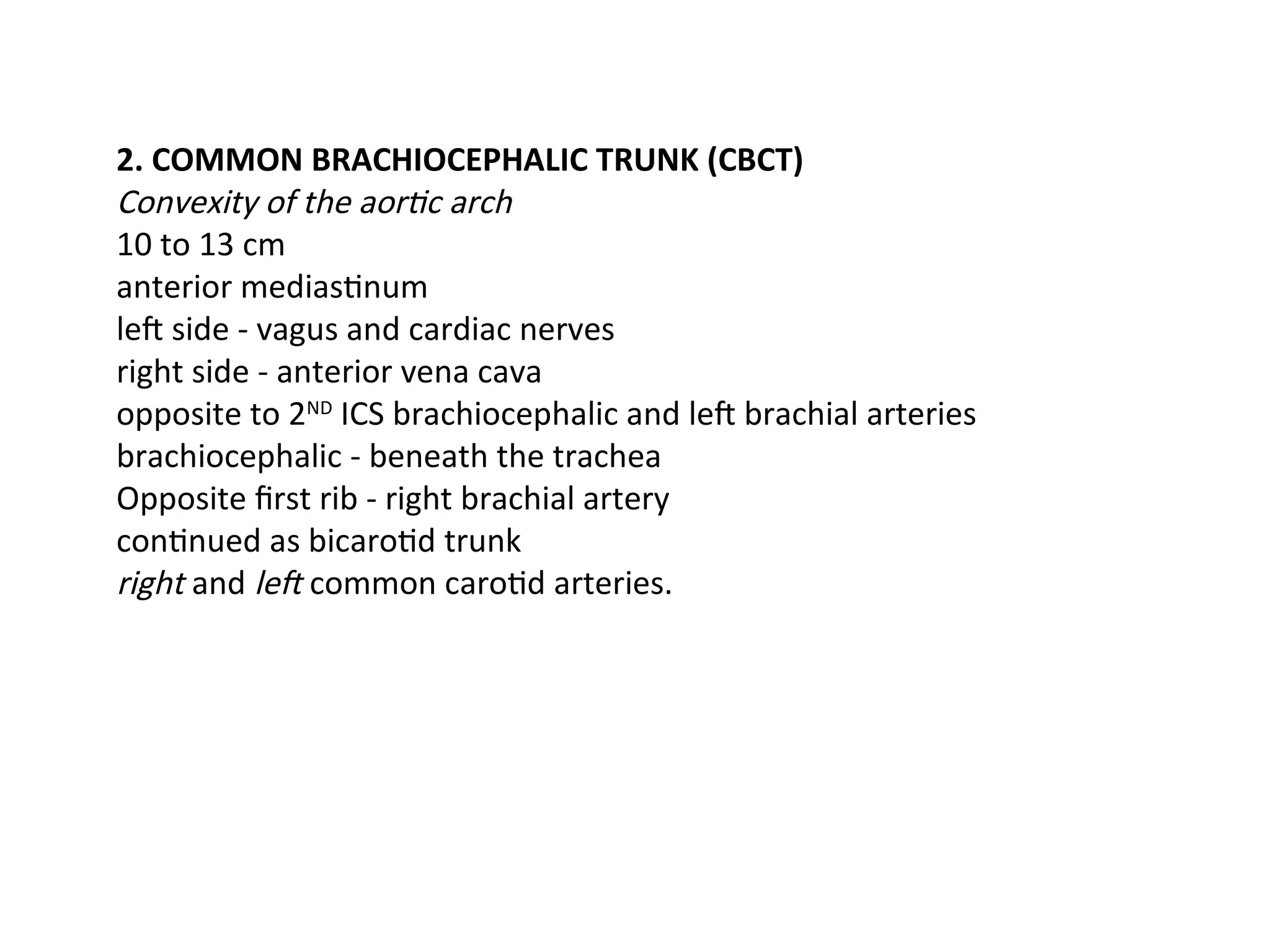 2. COMMON BRACHIOCEPHALIC TRUNK (CBCT)
Convexity of the aortic arch
10 to 13 cm
anterior mediastinum
left side - vagus and cardiac nerves
right side - anterior vena cava
opposite to 2ND
ICS brachiocephalic and left brachial arteries
brachiocephalic - beneath the trachea
Opposite first rib - right brachial artery
continued as bicarotid trunk
right and left common carotid arteries.
 