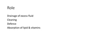 Role
Drainage of excess fluid
Cleaning
Defence
Absorption of lipid & vitamins
 