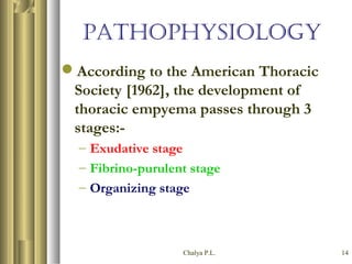 Chalya P.L. 14
PATHOPHYSIOLOGY
According to the American Thoracic
Society [1962], the development of
thoracic empyema passes through 3
stages:-
– Exudative stage
– Fibrino-purulent stage
– Organizing stage
 