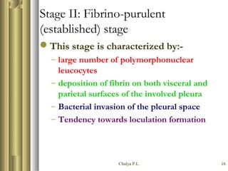 Chalya P.L. 16
Stage II: Fibrino-purulent
(established) stage
This stage is characterized by:-
– large number of polymorphonuclear
leucocytes
– deposition of fibrin on both visceral and
parietal surfaces of the involved pleura
– Bacterial invasion of the pleural space
– Tendency towards loculation formation
 