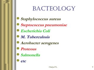 Chalya P.L. 9
BACTEOLOGY
Staphylococcus aureus
Steptococcus pneumoniae
Escherichia Coli
M. Tuberculosis
Aerobacter aerogenes
Proteous
Salmonella
etc
 