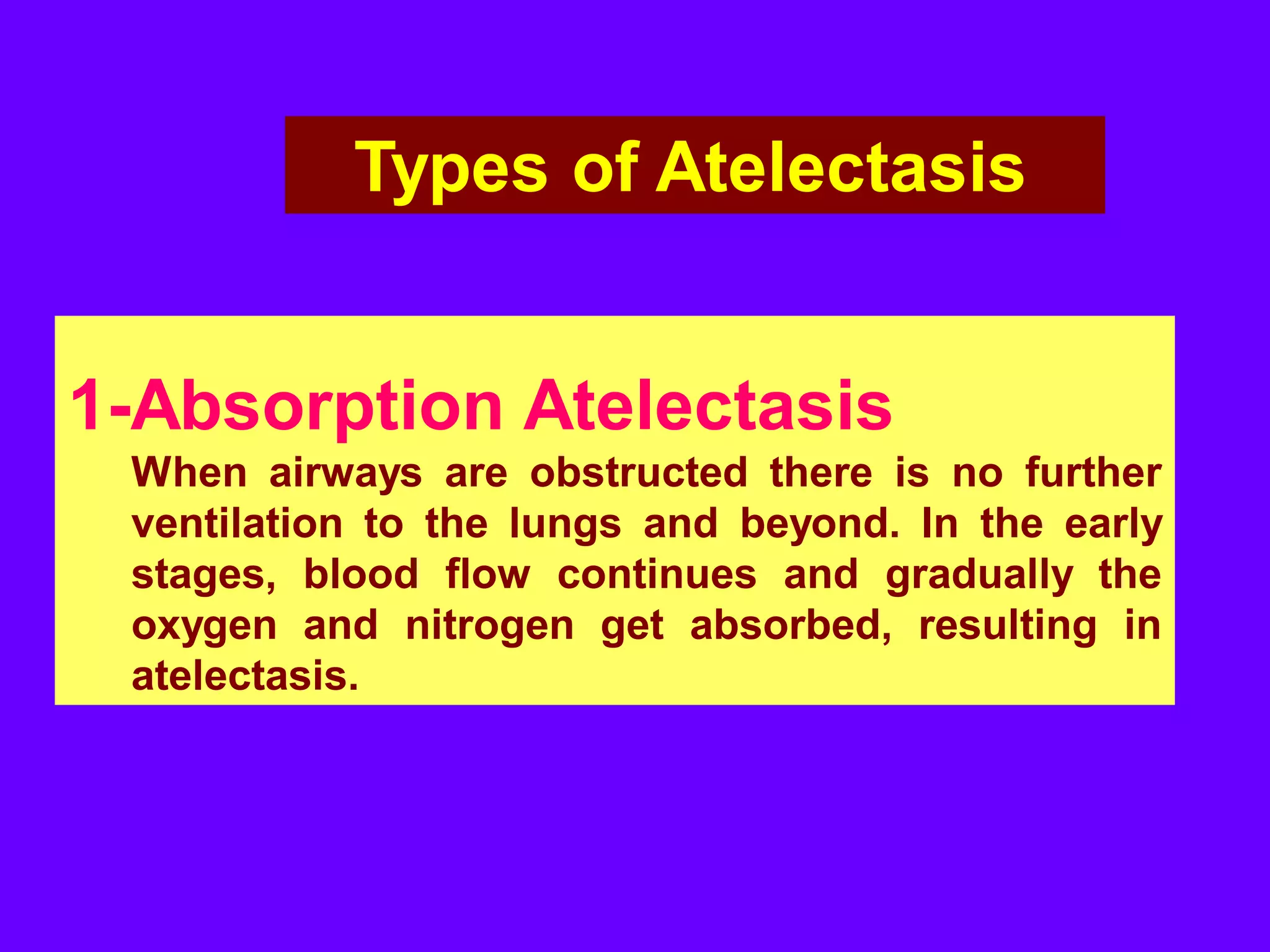 Types of Atelectasis:
1-Absorption Atelectasis
When airways are obstructed there is no further
ventilation to the lungs and beyond. In the early
stages, blood flow continues and gradually the
oxygen and nitrogen get absorbed, resulting in
atelectasis.

 