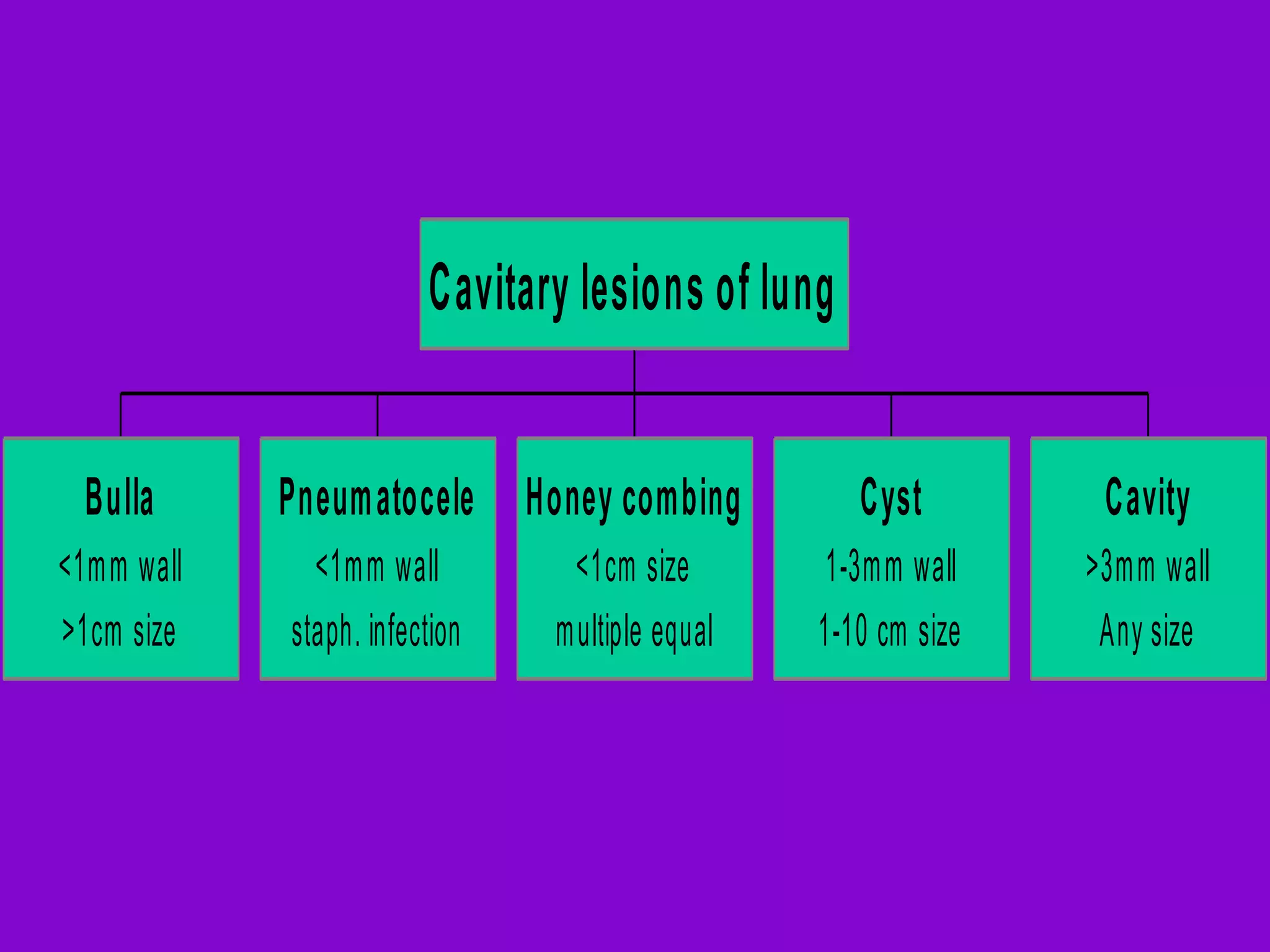 Cavitary lesions of lung
Bulla
<1mm wall
>1cm size

Pneumatocele Honey combing
<1mm wall
staph. infection

<1cm size
multiple equal

Cyst

Cavity

1-3mm wall
1-10 cm size

>3mm wall
Any size

 