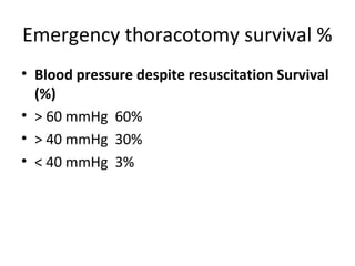 Emergency thoracotomy survival %
• Blood pressure despite resuscitation Survival
(%)
• > 60 mmHg 60%
• > 40 mmHg 30%
• < 40 mmHg 3%

 