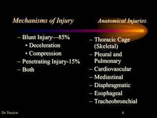 Mechanisms of Injury Anatomical Injuries
– Blunt Injury—85%
• Deceleration
• Compression
– Penetrating Injury-15%
– Both
– Thoracic Cage
(Skeletal)
– Pleural and
Pulmonary
– Cardiovascular
– Mediastinal
– Diaphragmatic
– Esophageal
– Tracheobronchial
Dr Trusew 6
 