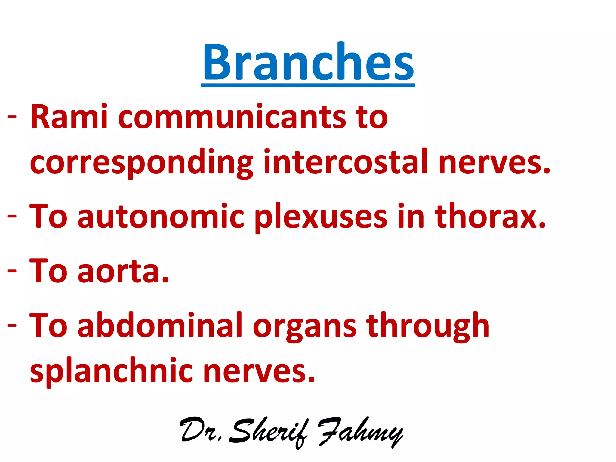 Branches
- Rami communicants to
corresponding intercostal nerves.
- To autonomic plexuses in thorax.
- To aorta.
- To abdominal organs through
splanchnic nerves.
Dr.Sherif Fahmy
 