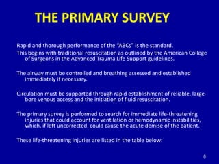 THE PRIMARY SURVEY
Rapid and thorough performance of the “ABCs” is the standard.
This begins with traditional resuscitatio...