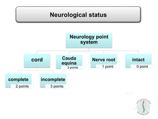 Neurology point
system
cord
complete
2 points
incomplete
3 points
Cauda
equina
3 points
Nerve root
1 point
intact
0 point
Neurological status
 