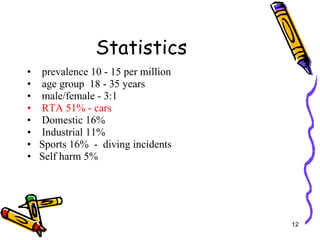 Statistics  prevalence 10 - 15 per million age group  18 - 35 years  male/female - 3:1 RTA 51% - cars  Domestic 16% Industrial 11% Sports 16%  -  diving incidents Self harm 5% 