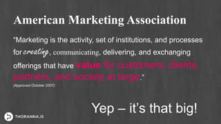 American Marketing Association
“Marketing is the activity, set of institutions, and processes
for creating, communicating, delivering, and exchanging
offerings that have value for customers, clients,
partners, and society at large.”
(Approved October 2007)
Yep – it’s that big!
 