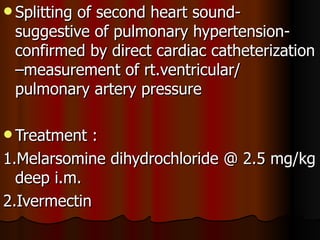  Splitting
         of second heart sound-
 suggestive of pulmonary hypertension-
 confirmed by direct cardiac catheterization
 –measurement of rt.ventricular/
 pulmonary artery pressure

 Treatment  :
1.Melarsomine dihydrochloride @ 2.5 mg/kg
  deep i.m.
2.Ivermectin
 