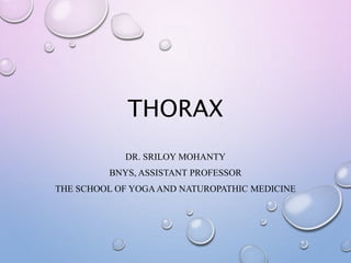 THORAX
DR. SRILOY MOHANTY
BNYS, ASSISTANT PROFESSOR
THE SCHOOL OF YOGAAND NATUROPATHIC MEDICINE
 