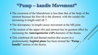 The excursion of the Manubrium is less than that of the body of the
sternum because the first rib is the shortest, with the caudal ribs
increasing in length until rib 7.
The discrepancy in length causes movement at the MS joint.
The motion of the upper ribs and sternum has its greatest effect by
increasing the Anteroposterior (AP) diameter of the thorax.
This combined rib and Sternal motion that occurs in a
predominantly Sagittal plane has been termed the “Pump -
handle” motion of the thorax.
 