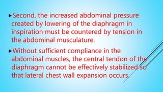 Second, the increased abdominal pressure
created by lowering of the diaphragm in
inspiration must be countered by tension in
the abdominal musculature.
Without sufficient compliance in the
abdominal muscles, the central tendon of the
diaphragm cannot be effectively stabilized so
that lateral chest wall expansion occurs.
 