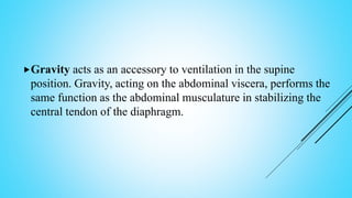 Gravity acts as an accessory to ventilation in the supine
position. Gravity, acting on the abdominal viscera, performs the
same function as the abdominal musculature in stabilizing the
central tendon of the diaphragm.
 