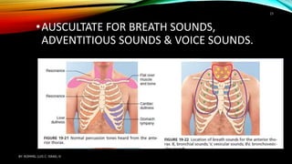 •AUSCULTATE FOR BREATH SOUNDS,
ADVENTITIOUS SOUNDS & VOICE SOUNDS.
BY: ROMMEL LUIS C. ISRAEL III
23
 