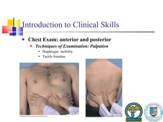 Introduction to Clinical Skills Chest Exam: anterior and posterior Techniques of Examination: Palpation Diaphragm  mobility Tactile fremitus 