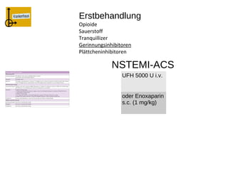 Erstbehandlung
Opioide
Sauerstoff
Tranquillizer
Gerinnungsinhibitoren
Plättcheninhibitoren

             NSTEMI-ACS
                 UFH 5000 U i.v.


                 oder Enoxaparin
                 s.c. (1 mg/kg)
 